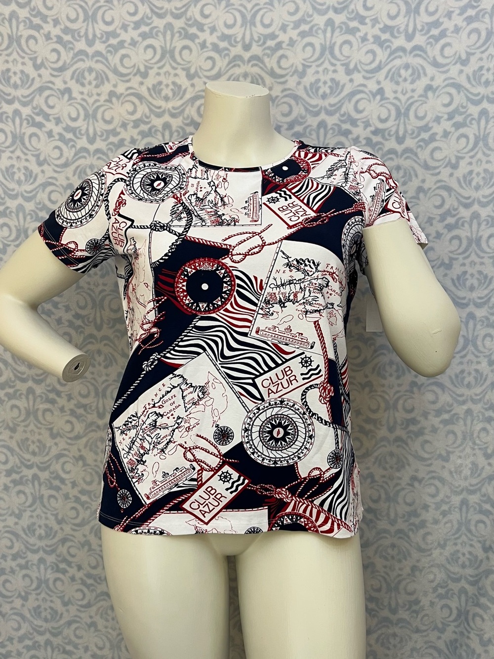 Talbots Navy, White & Red Nautical Map Short Sleeve Tee